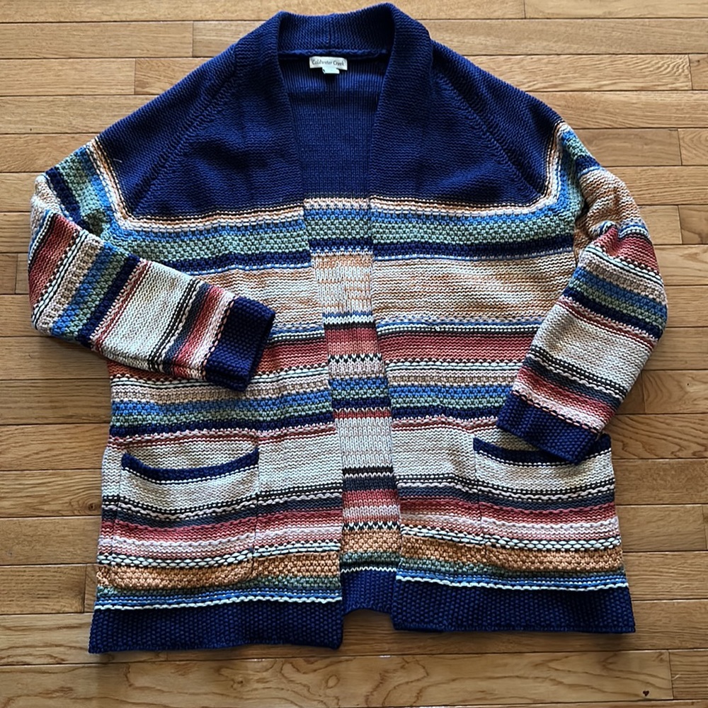 Coldwater Creek Navy and Multicolor Striped Cardigan